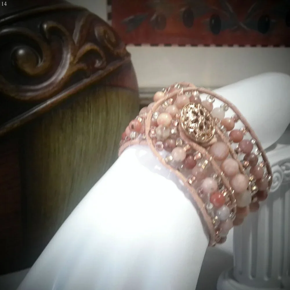 BLING-UP Beige Leather Bracelet (3) Rows Sandstone & Pale Peach Beads 7 1/4"_2